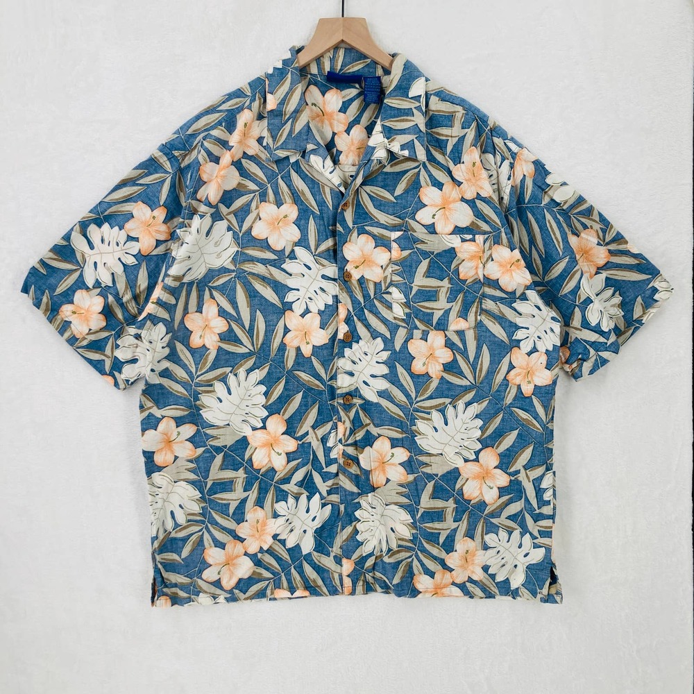 Vintage Ocean Pacific Hawaiian Shirt Mens XL Blue Floral Short Sleeve Cotton